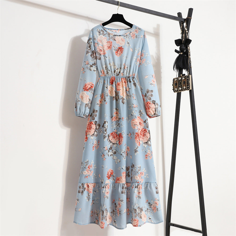 Crewneck Base Skirt Waist Slim Long Dress