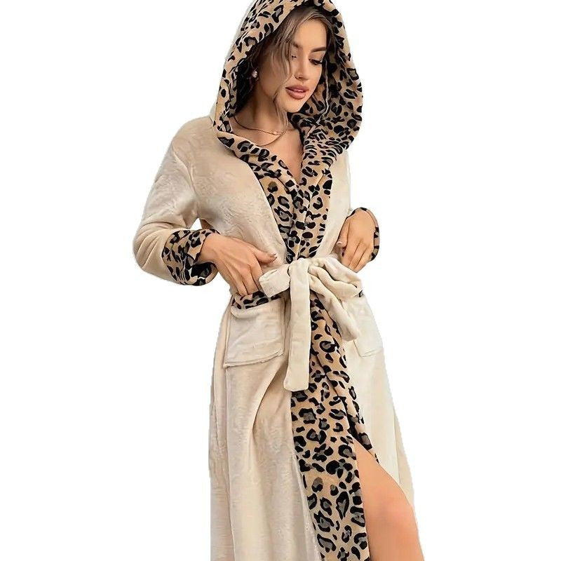 Robe Leopard Flannel Cardigan Ladies Home Lace Bathrobe