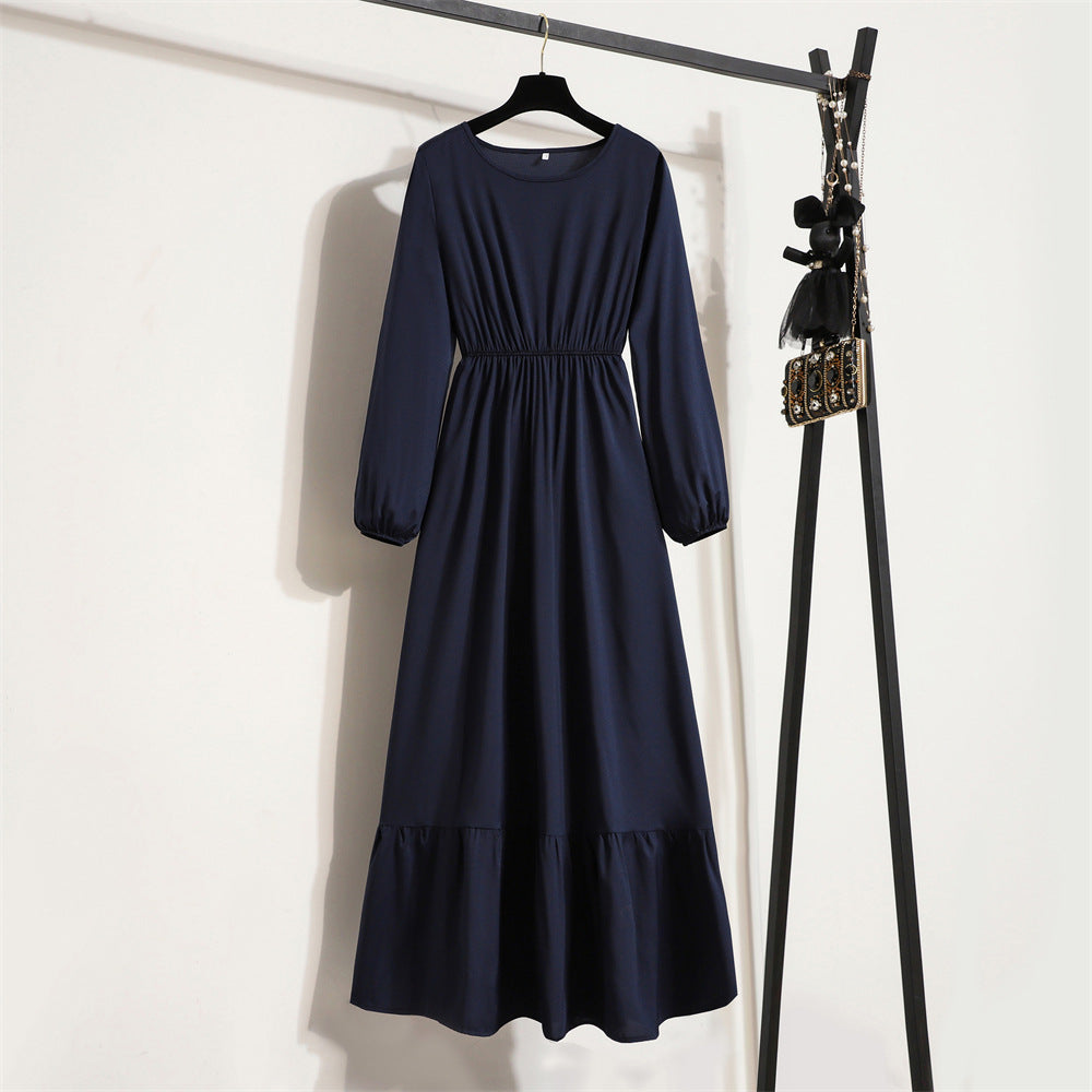 Crewneck Base Skirt Waist Slim Long Dress