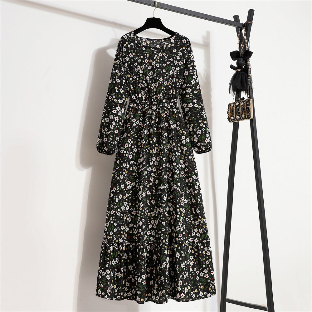 Crewneck Base Skirt Waist Slim Long Dress