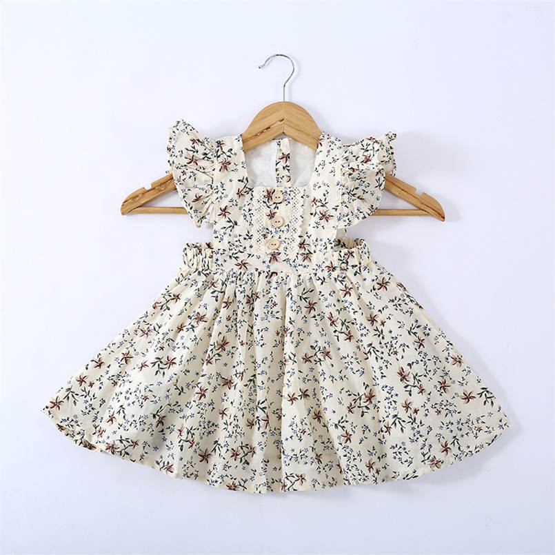 INS Korean Style Girls' Dress Spring And Summer Cotton Floral Flying Sleeve Vest Dress Children's Sleeveless Beach Vacation Dress