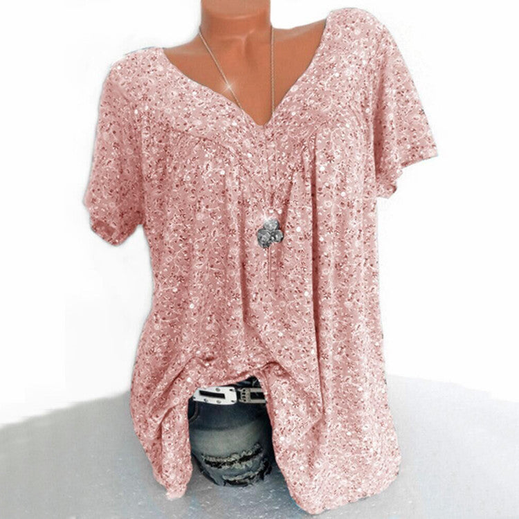Women's Summer Wishebay Hot Style V-neck Loose Short Sleeve Printed T-Shirt