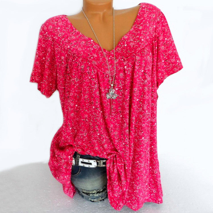 Women's Summer Wishebay Hot Style V-neck Loose Short Sleeve Printed T-Shirt