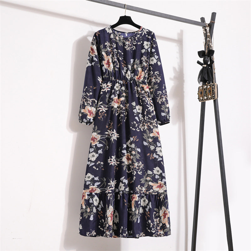 Crewneck Base Skirt Waist Slim Long Dress