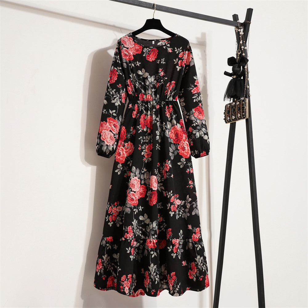 Crewneck Base Skirt Waist Slim Long Dress