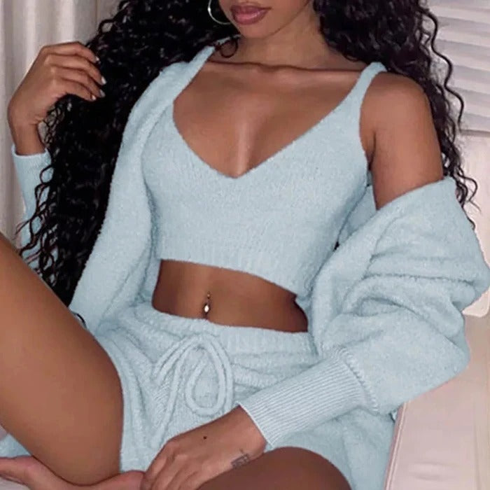3pcs  Long Sleeve Crop Tank Top And Drawstring Shorts Pajama Set