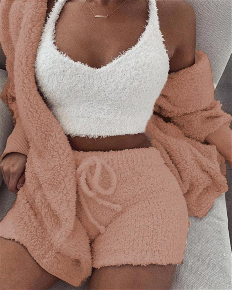 3pcs  Long Sleeve Crop Tank Top And Drawstring Shorts Pajama Set
