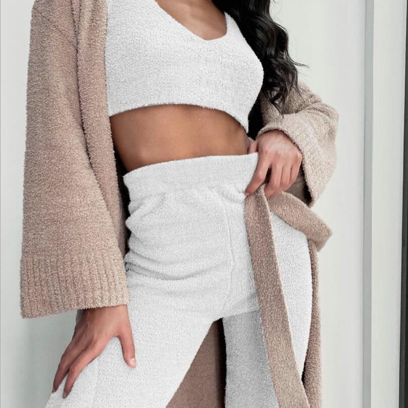 3pcs  Long Sleeve Crop Tank Top And Drawstring Shorts Pajama Set