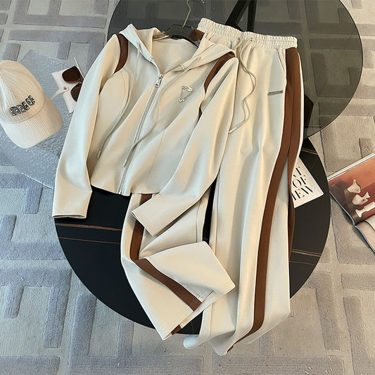 Women's Casual Sports Hooded Zipper Jacket Wide Leg Pants Suit