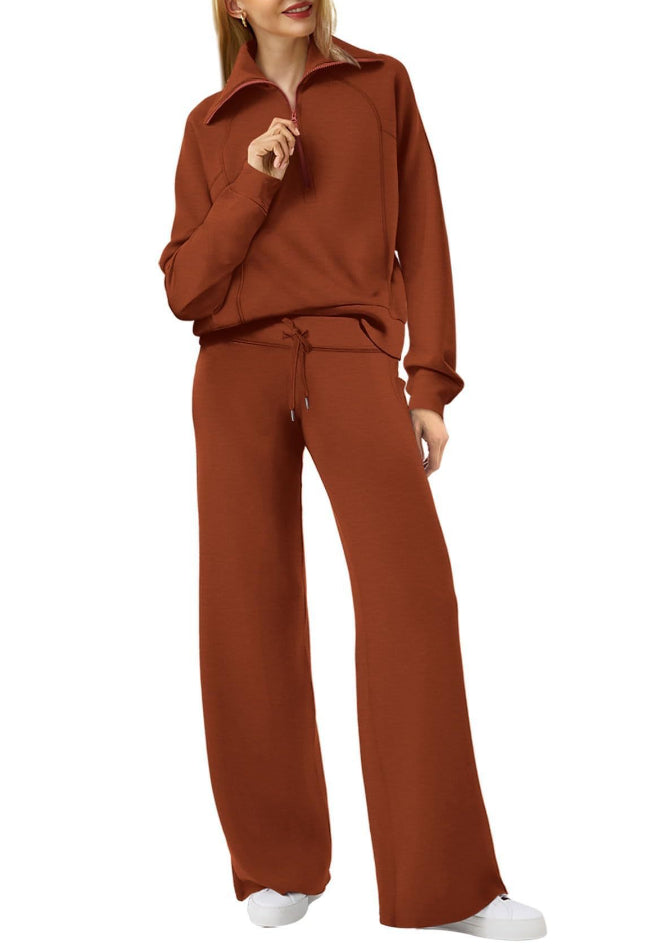 Woman Solid Color Half Zip Long And Wide Leg Pants