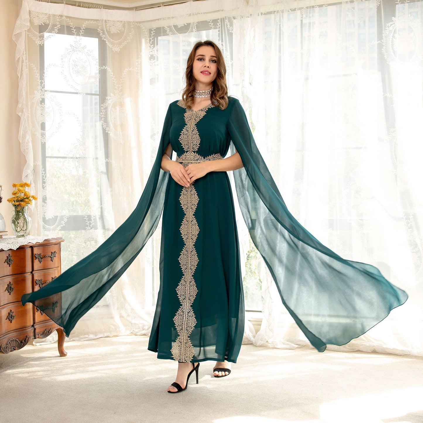 Cape Sleeve Lace Chiffon  Batwing Sleeve Dress