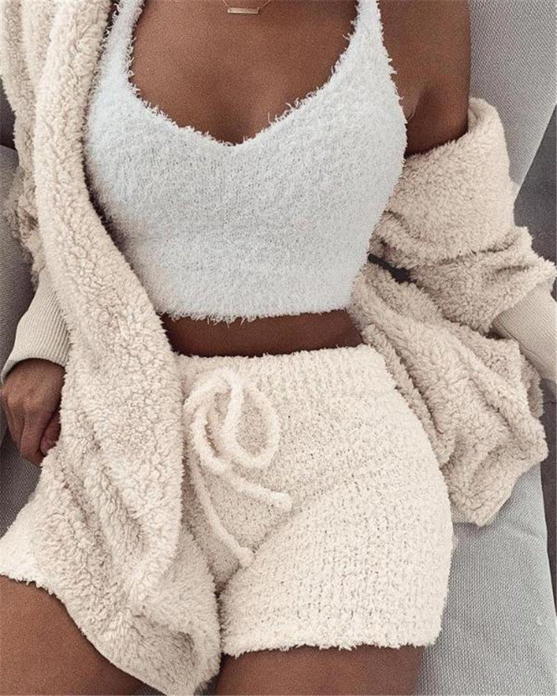 3pcs  Long Sleeve Crop Tank Top And Drawstring Shorts Pajama Set