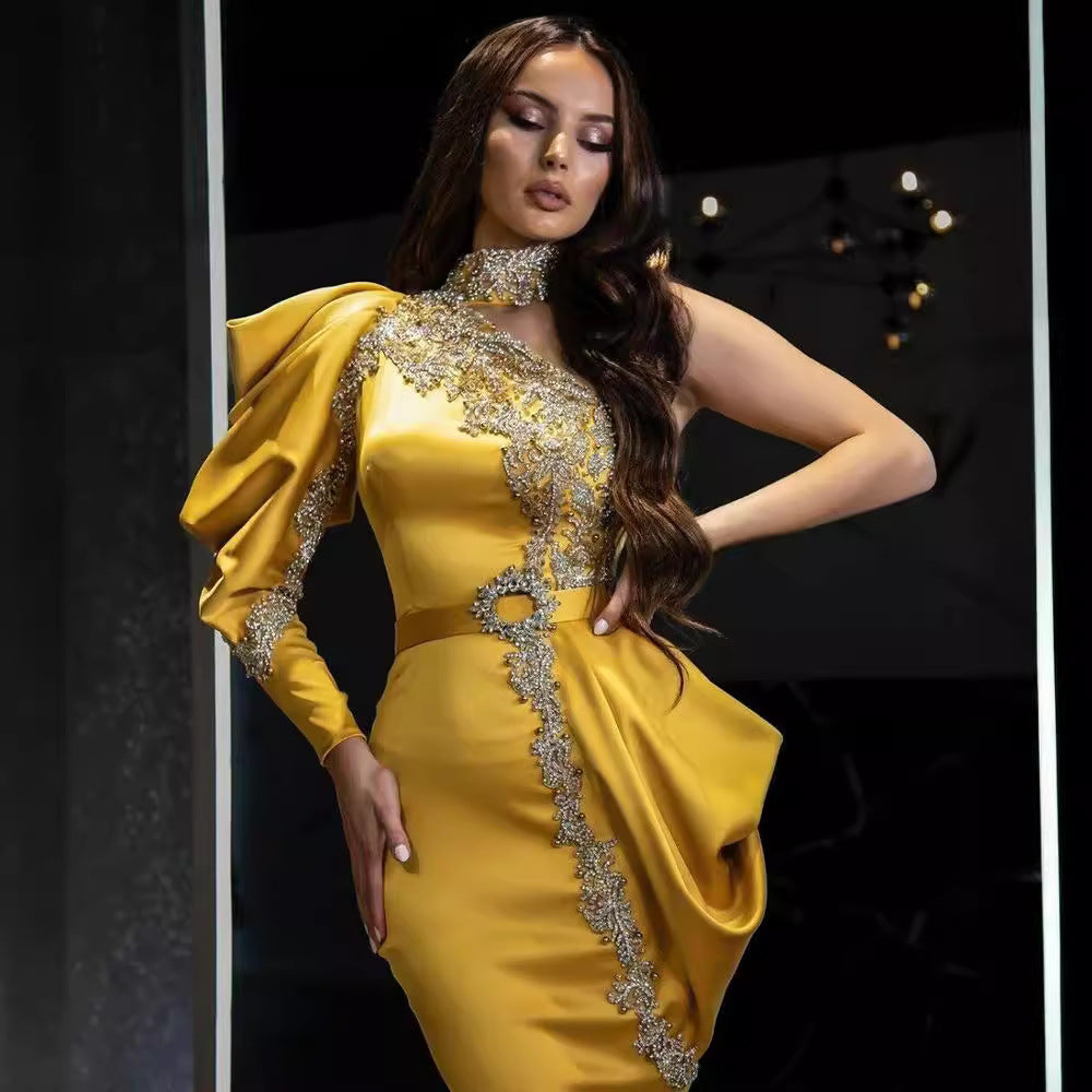 Women's Fashionable Slim-fit Gold Turtleneck Dress