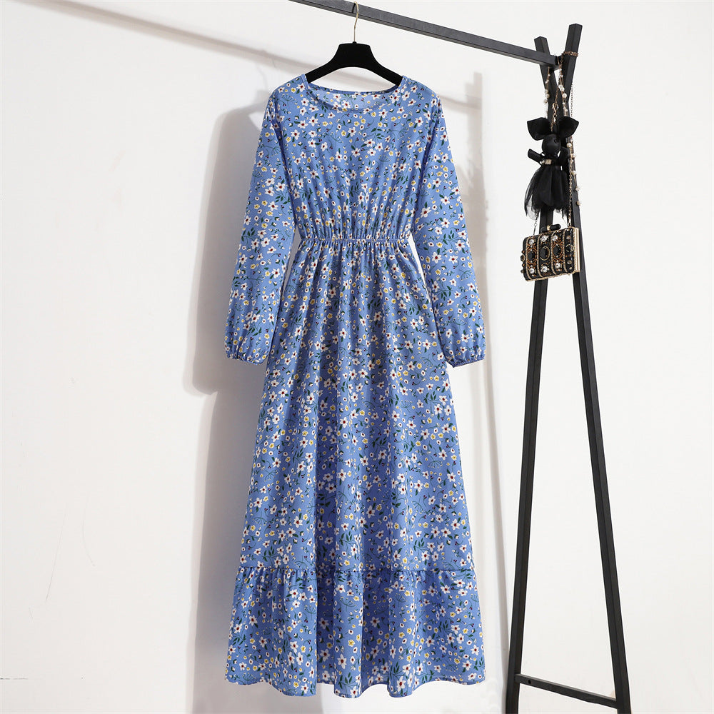 Crewneck Base Skirt Waist Slim Long Dress