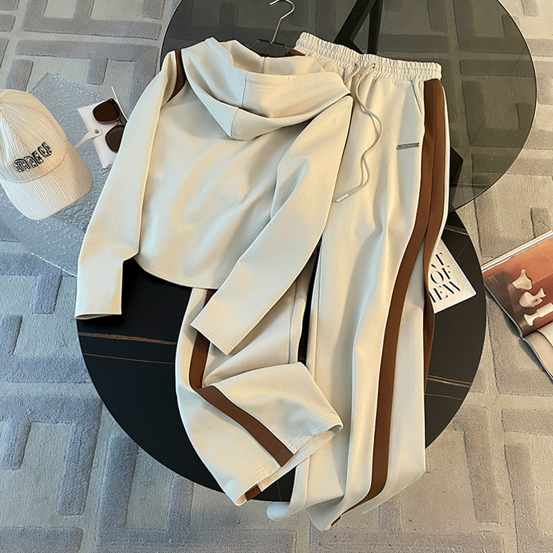Women's Casual Sports Hooded Zipper Jacket Wide Leg Pants Suit