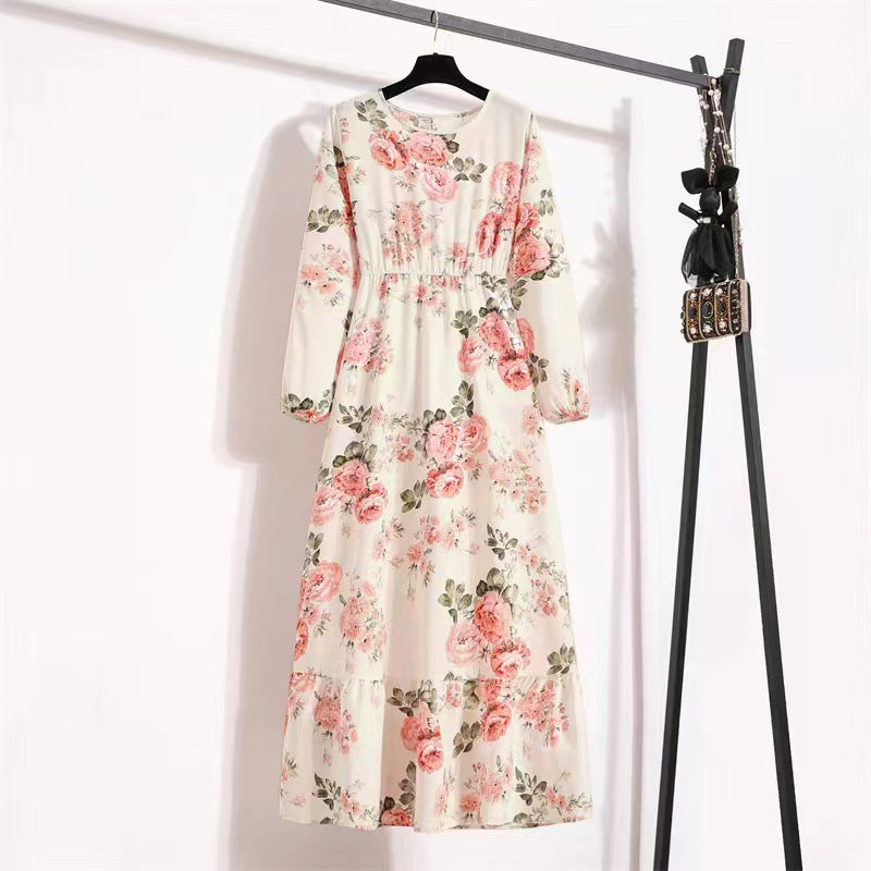 Crewneck Base Skirt Waist Slim Long Dress