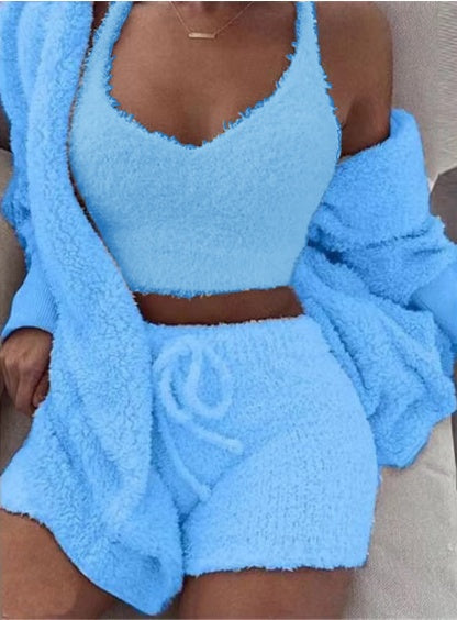 3pcs  Long Sleeve Crop Tank Top And Drawstring Shorts Pajama Set