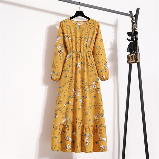 Crewneck Base Skirt Waist Slim Long Dress
