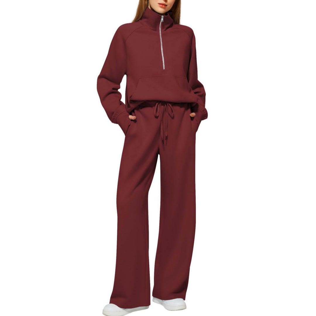 Woman Solid Color Half Zip Long And Wide Leg Pants