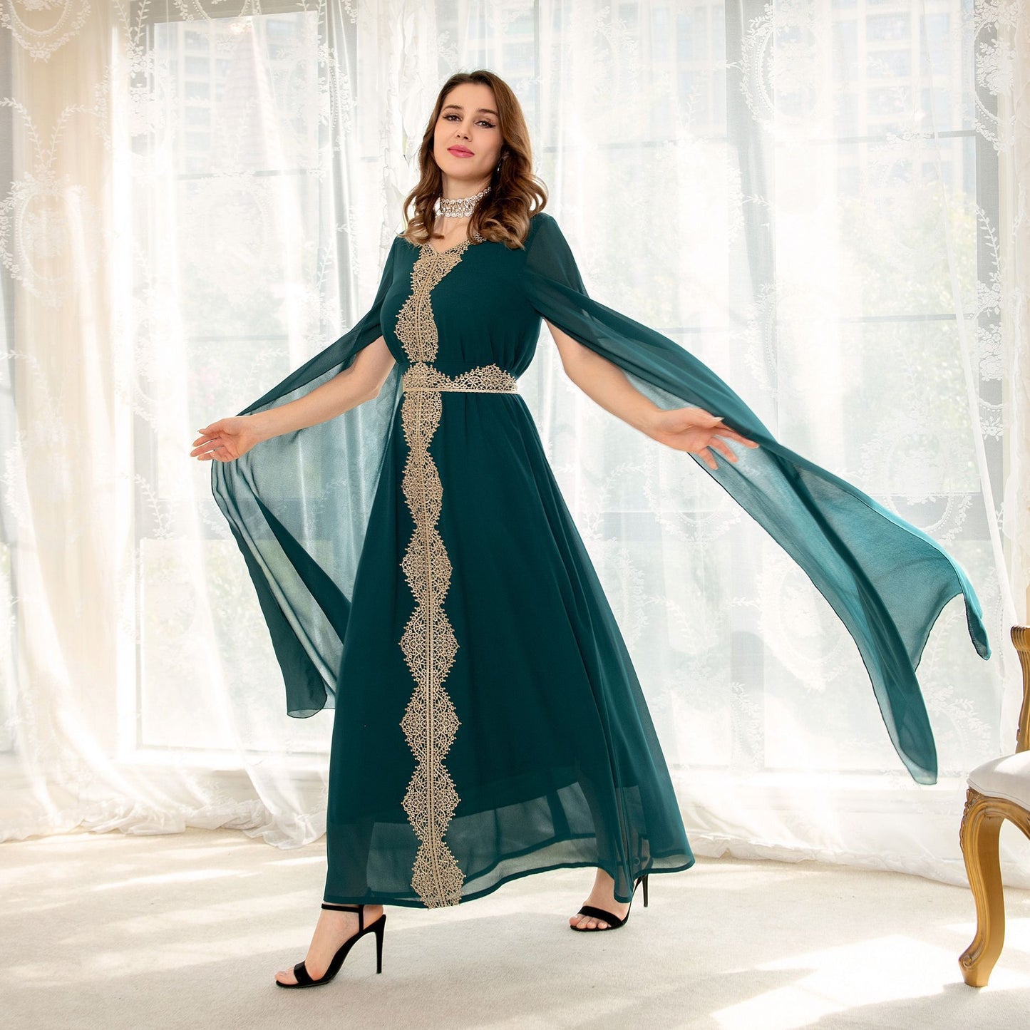 Cape Sleeve Lace Chiffon  Batwing Sleeve Dress