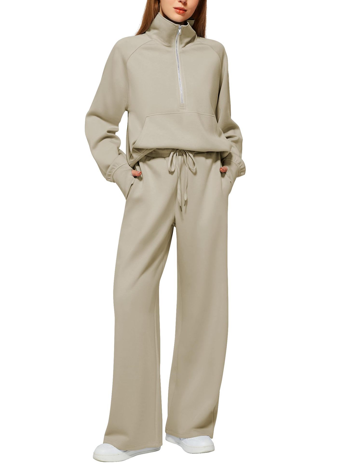 Woman Solid Color Half Zip Long And Wide Leg Pants