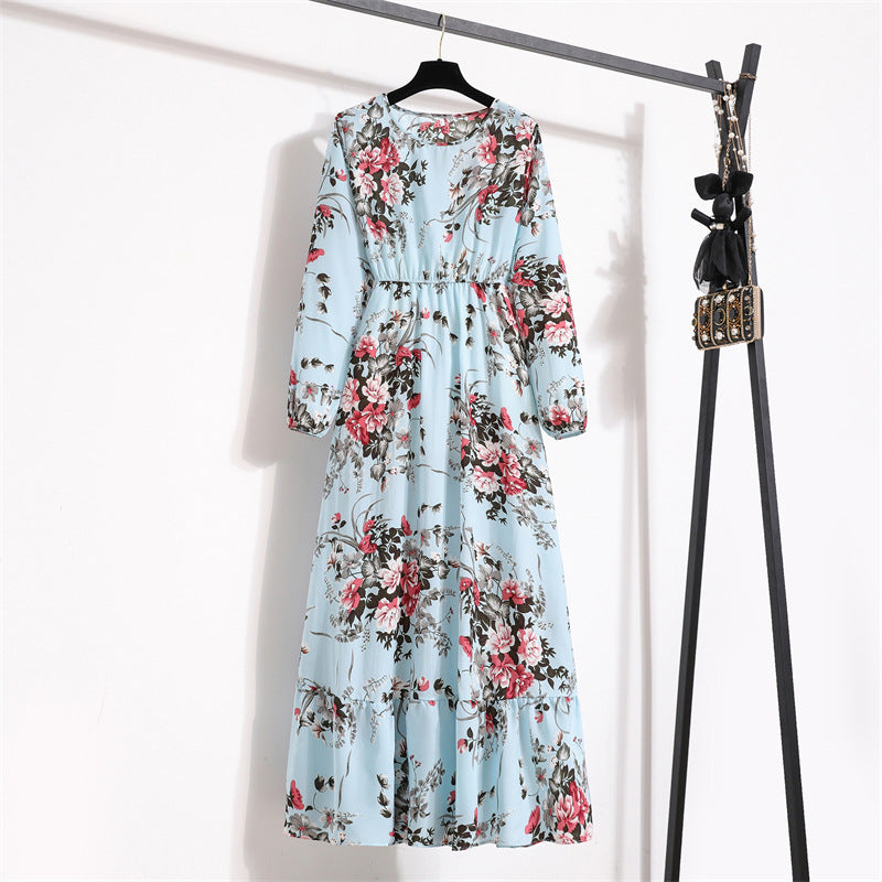 Crewneck Base Skirt Waist Slim Long Dress