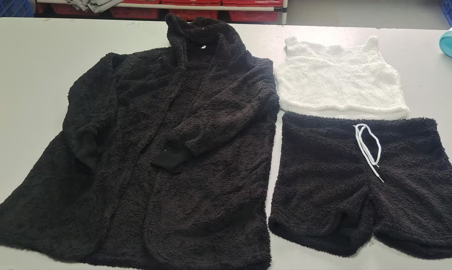 3pcs  Long Sleeve Crop Tank Top And Drawstring Shorts Pajama Set