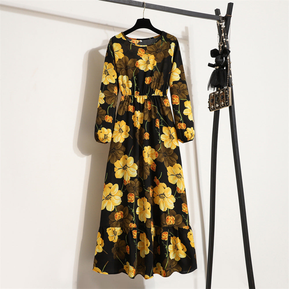 Crewneck Base Skirt Waist Slim Long Dress
