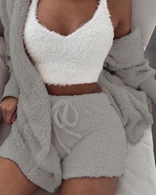 3pcs  Long Sleeve Crop Tank Top And Drawstring Shorts Pajama Set