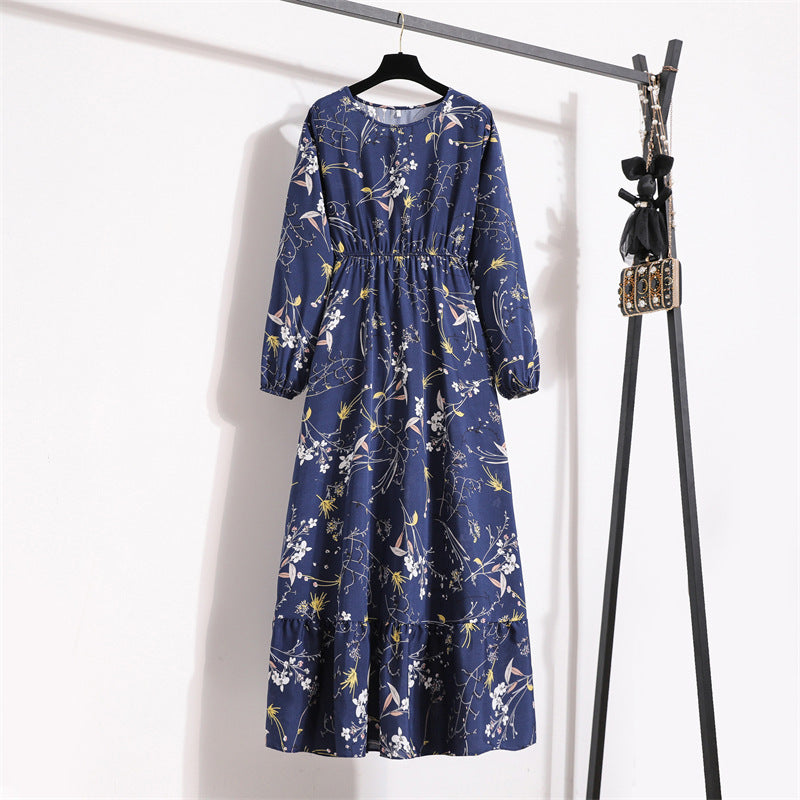 Crewneck Base Skirt Waist Slim Long Dress