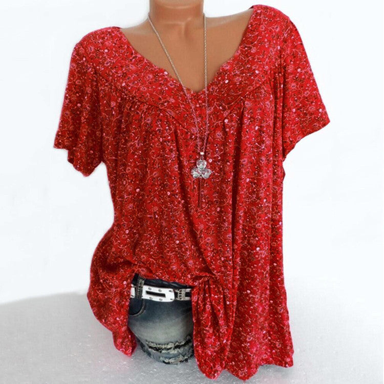 Women's   Summer Wishebay Hot Style V-neck Loose Short Sleeve Printed T-Shirt