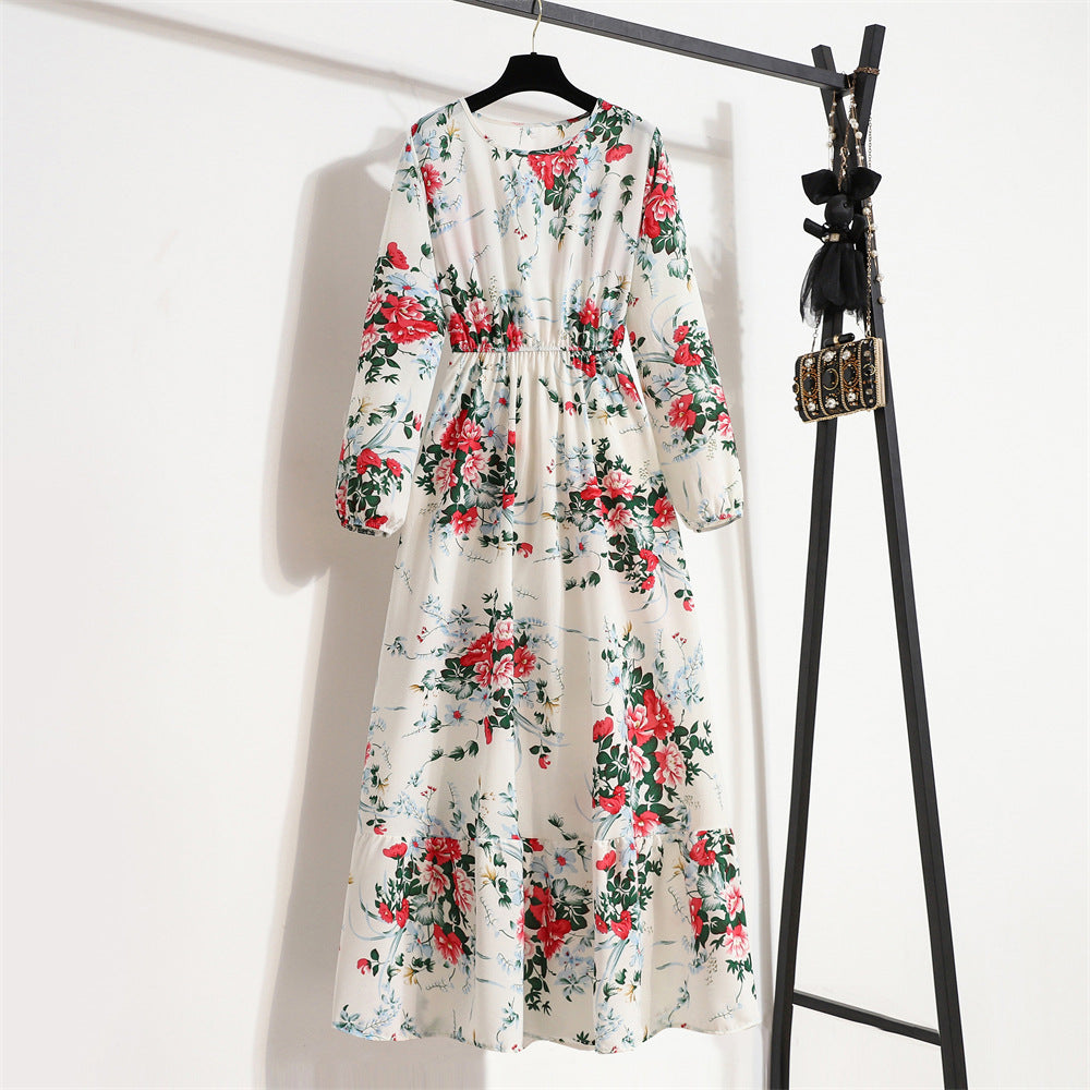 Crewneck Base Skirt Waist Slim Long Dress