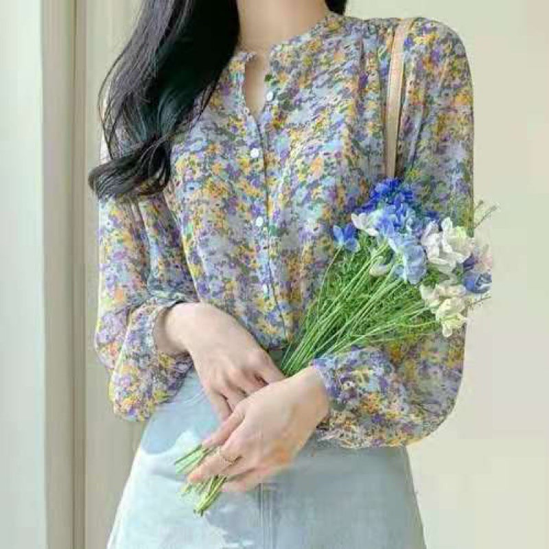 Floral Chiffon Shirt Women&#039;s Spring New Design Niche Long-sleeved Western Style Top