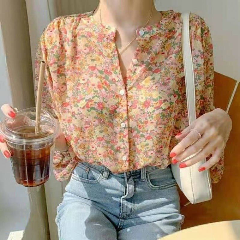 Floral Chiffon Shirt Women&#039;s Spring New Design Niche Long-sleeved Western Style Top