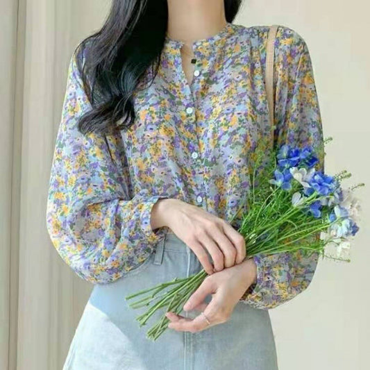 Floral Chiffon Shirt Women&#039;s Spring New Design Niche Long-sleeved Western Style Top
