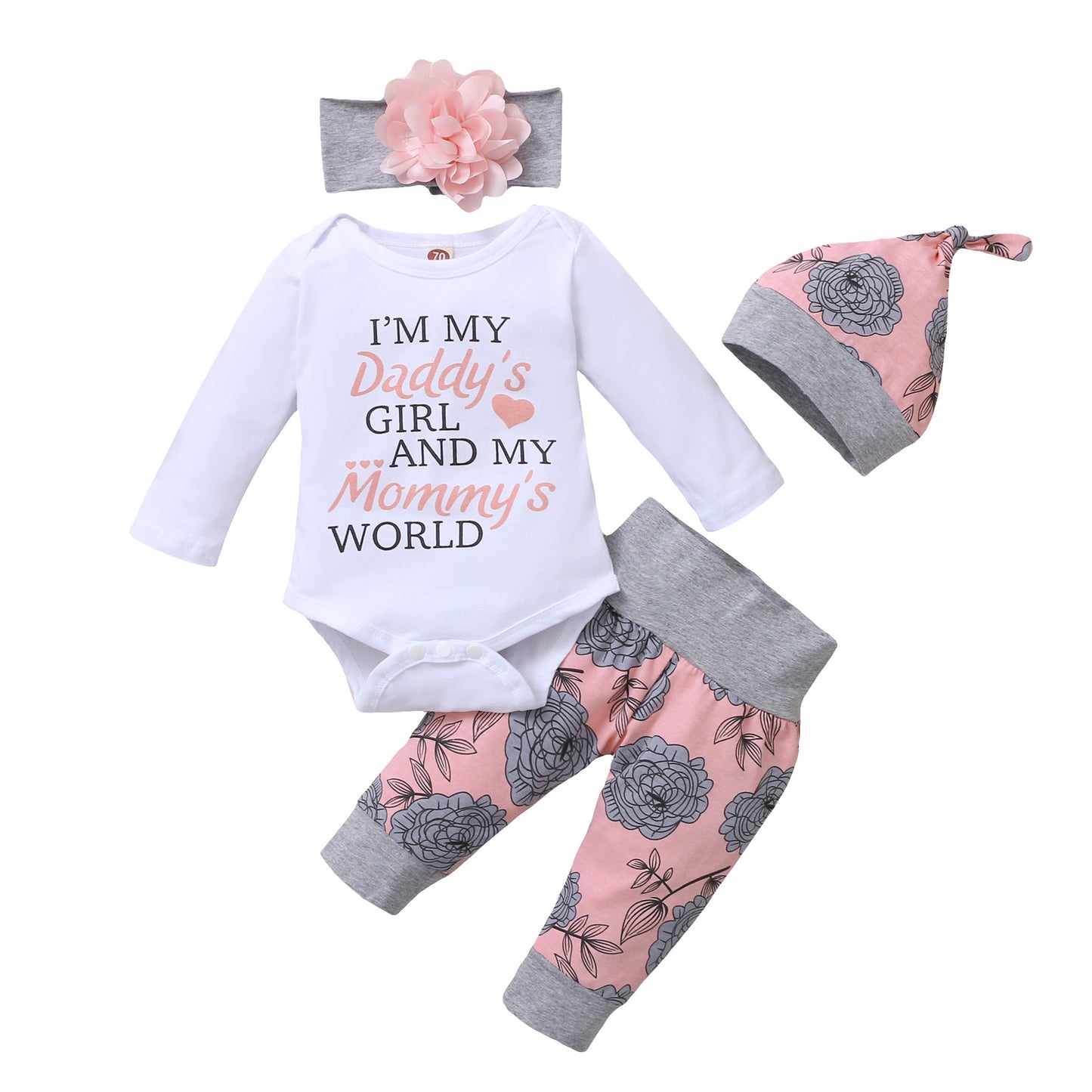 Girls&#039; Autumn And Winter Models 2020 New European And American Explosion Models Long-sleeved Letter Printing Top + Flower Trousers Four-piece Set