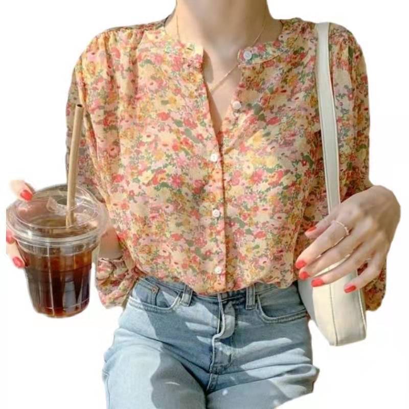 Floral Chiffon Shirt Women&#039;s Spring New Design Niche Long-sleeved Western Style Top