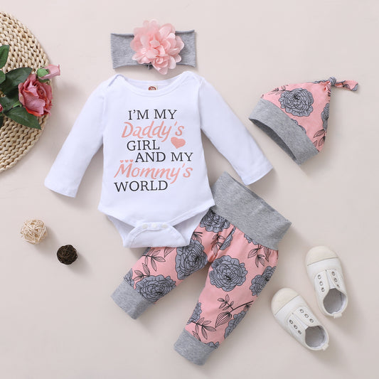 Girls&#039; Autumn And Winter Models 2020 New European And American Explosion Models Long-sleeved Letter Printing Top + Flower Trousers Four-piece Set
