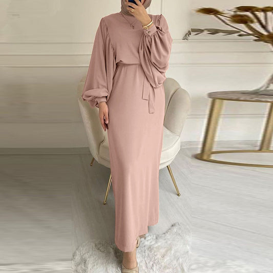 Long-sleeved solid-color sun dress