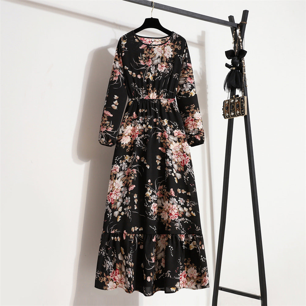 Crewneck Base Skirt Waist Slim Long Dress