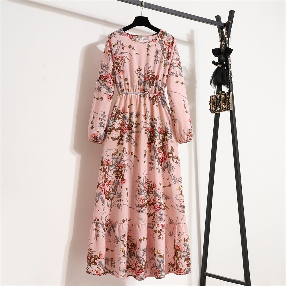 Crewneck Base Skirt Waist Slim Long Dress