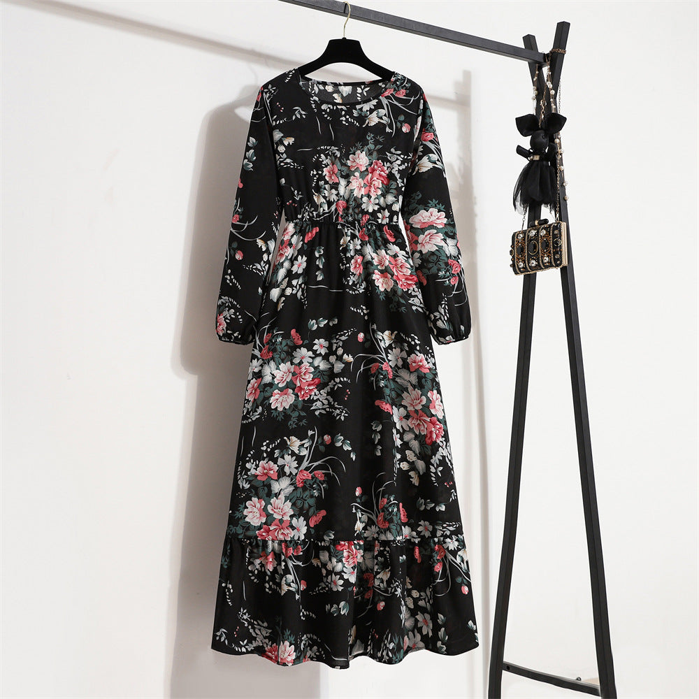 Crewneck Base Skirt Waist Slim Long Dress