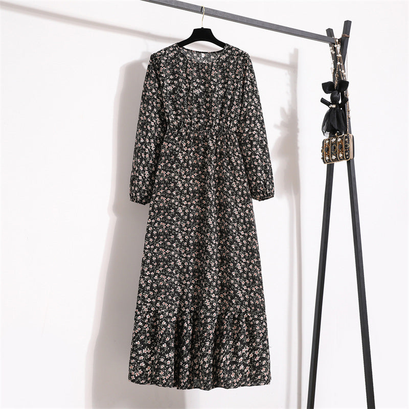 Crewneck Base Skirt Waist Slim Long Dress