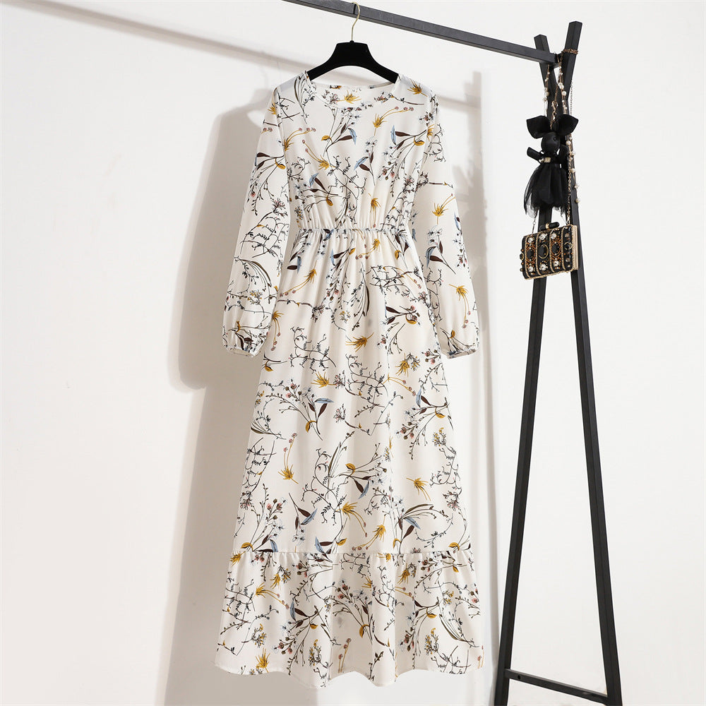 Crewneck Base Skirt Waist Slim Long Dress