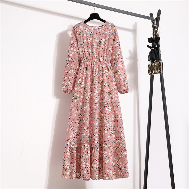 Crewneck Base Skirt Waist Slim Long Dress