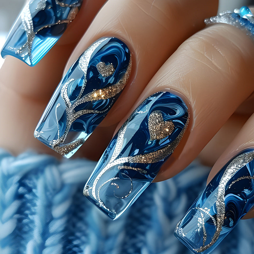 Glitter Love Nail Patches with Gold Pattern