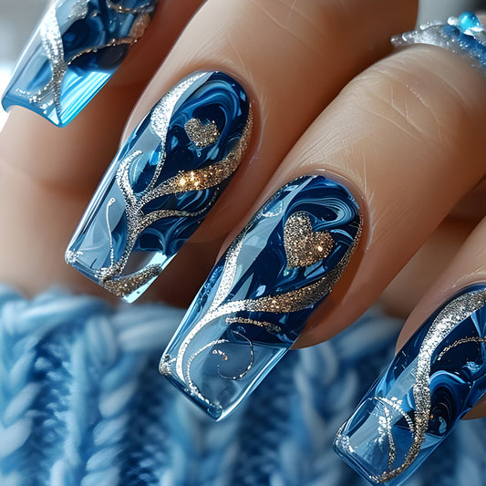 Glitter Love Nail Patches with Gold Pattern
