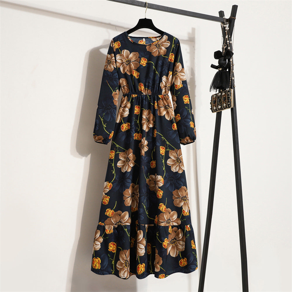 Crewneck Base Skirt Waist Slim Long Dress