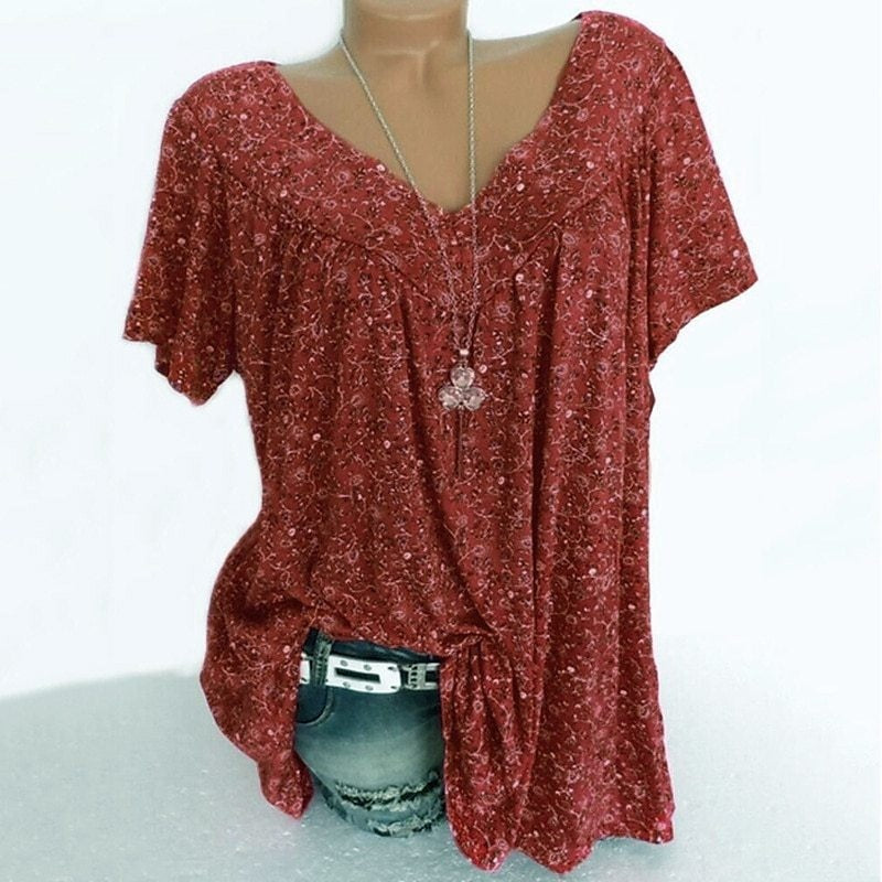 Women's   Summer Wishebay Hot Style V-neck Loose Short Sleeve Printed T-Shirt