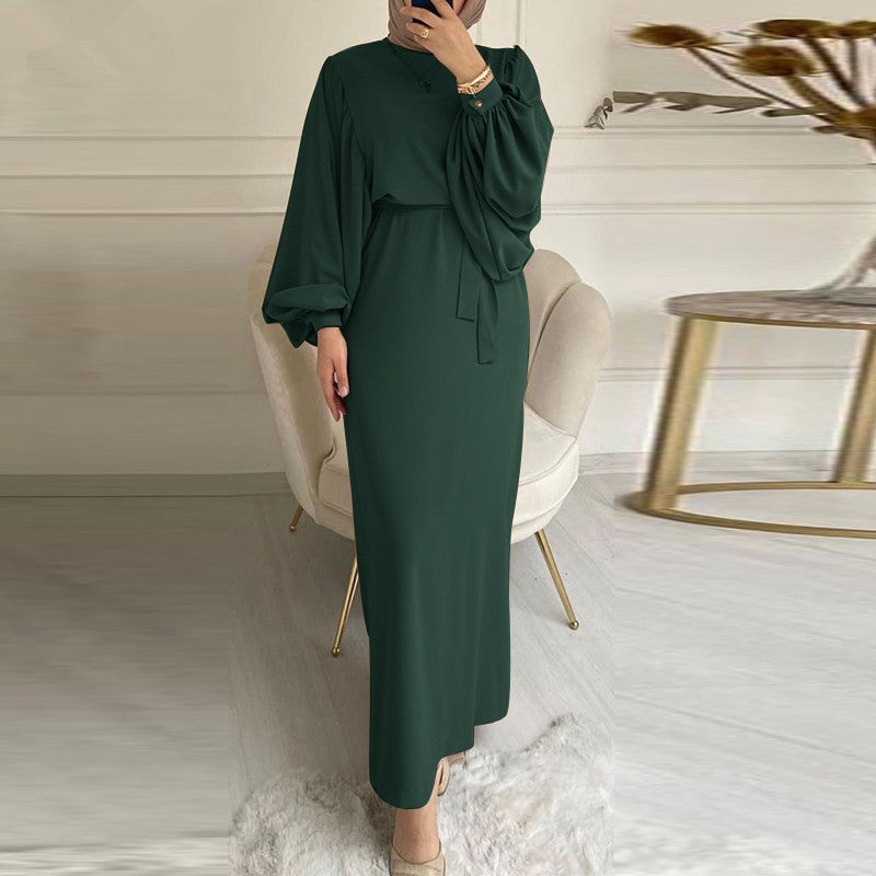 Long-sleeved solid-color sun dress